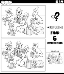 differences task with pets on Christmas coloring page
