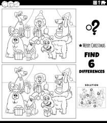 differences task with dogs on Christmas coloring page