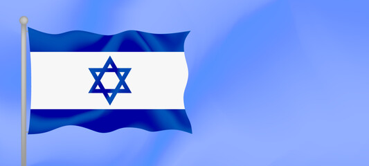 Flag of Israel waving against the blue sky. Horizontal banner design with Israel flag with copy space. Vector illustration