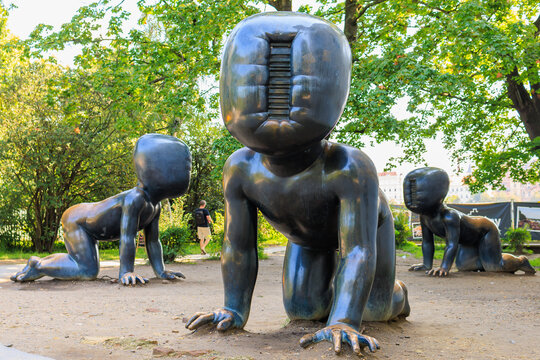 Sculpture crawling babies. Top city attractions. August 24, 2022 Prague Czech Republic.