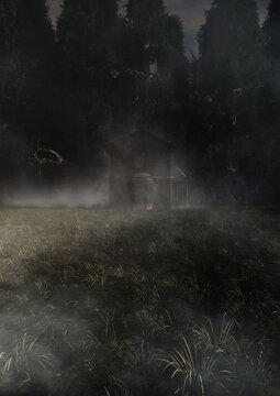 creepy old fantasy surreal house in a rural natural environment with fog, trees, sunlight and soft focus background