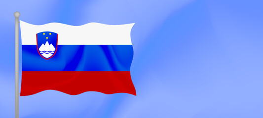 Flag of Slovenia waving against the blue sky. Horizontal banner design with Slovenia flag with copy space. Vector illustration