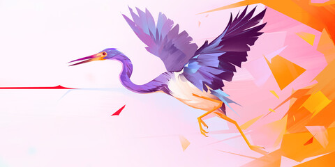 drawn bright bird heron on a stylized background
