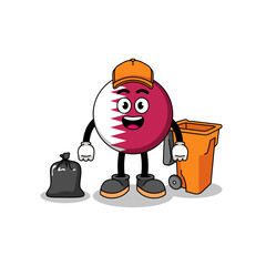 Illustration of qatar flag cartoon as a garbage collector