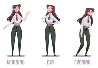 Morning day and evening office workers condition abstract design element concept illustration set