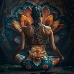 Back view of healthy young woman practicing yoga. The classic yoga position, the lotus.(Generative AI) - obrazy, fototapety, plakaty