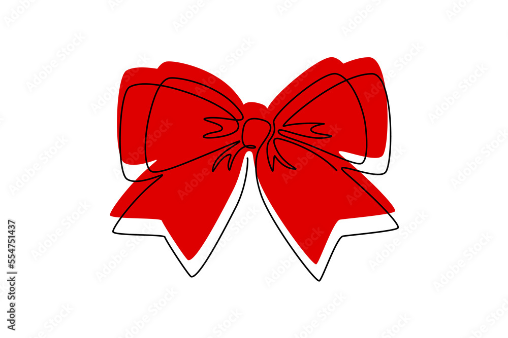Poster one continuous line drawing of gift ribbon red bow. christmas and birthday present wrap in simple li