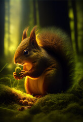 Little squirrel sitting in a forest with a nut - Genrative AI