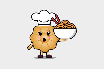 Cute cartoon Envelope chef character holding noodles in bowl flat cartoon style illustration