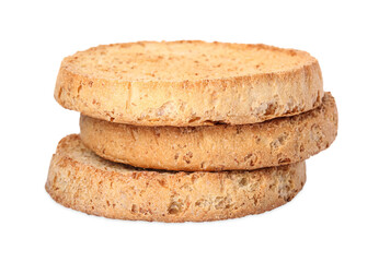 Stack of tasty organic rusks isolated on white