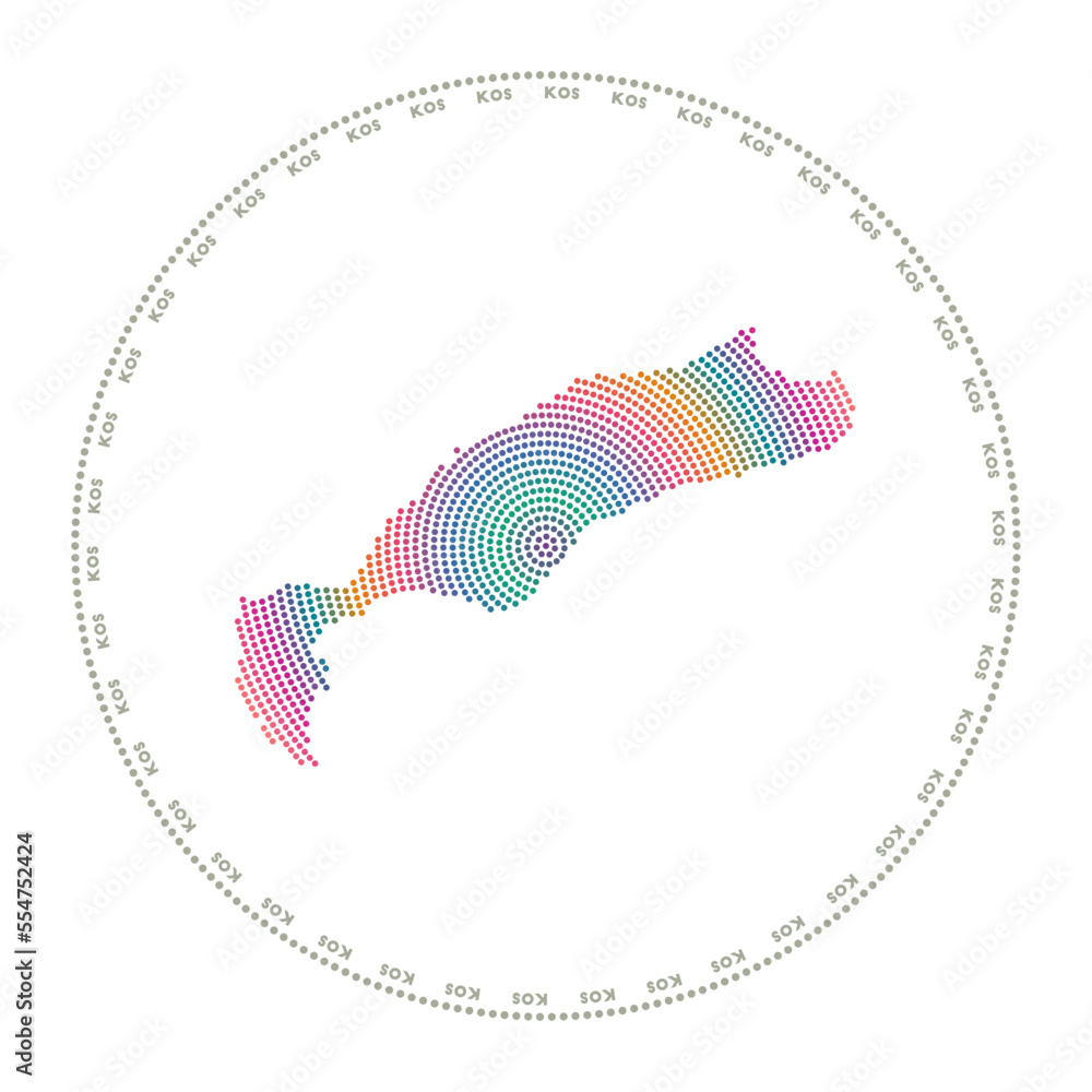 Aufkleber kos round logo. digital style shape of kos in dotted circle with island name. tech icon of the islan