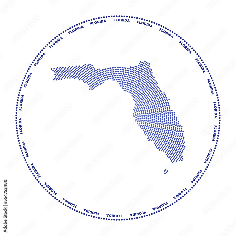 Poster florida round logo. digital style shape of florida in dotted circle with us state name. tech icon of