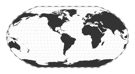 Vector world map. Wagner VI projection. Plain world geographical map with latitude and longitude lines. Centered to 60deg E longitude. Vector illustration.