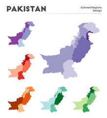 Pakistan map collection. Borders of Pakistan for your infographic. Colored country regions. Vector illustration.