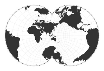 Vector world map. Eisenlohr conformal projection. Plain world geographical map with latitude and longitude lines. Centered to 120deg W longitude. Vector illustration.
