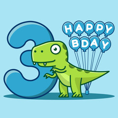 Happy 3rd Birthday. Cute invitation card with dinosaur and balloons.