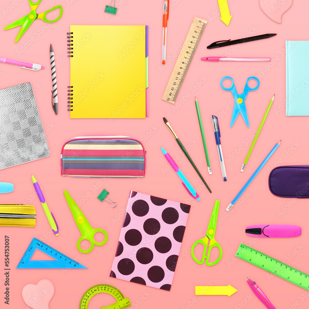 Poster Flat lay composition with different school stationery on pink background