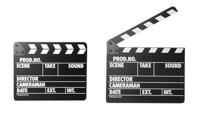 Clapperboards on white background, collage. Cinema production