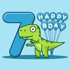 Happy 7th Birthday. Cute invitation card with dinosaur and balloons.