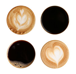 Many coffee drinks on white background, top view. Banner design