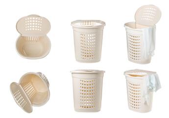 Beige laundry basket on white background, view from different sides