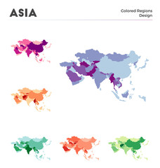 Asia map collection. Borders of Asia for your infographic. Colored continent regions. Vector illustration.