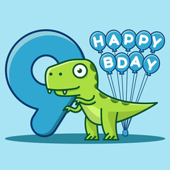 Happy 9th Birthday. Cute invitation card with dinosaur and balloons.