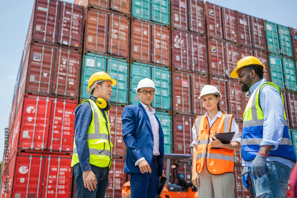 Poster Worker and businessman checking containers data for export and import,Container loading Cargo freight ship.