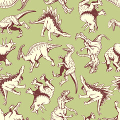 Dinosaur pattern on green background in hand drow style for print and design. Vector illustration.