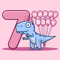 Cute dinosaur with bow 7th birthday invitation card with balloons