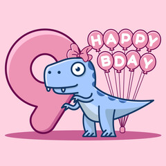 Cute dinosaur with bow 9th birthday invitation card with balloons