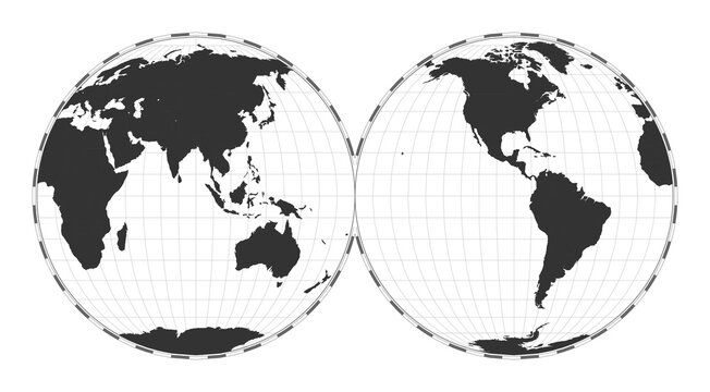 Vector world map in Mollweide projection, interrupted into two equal-area hemispheres. Features latitude and longitude lines, centered at 180 degrees longitude. A plain geographical representation.