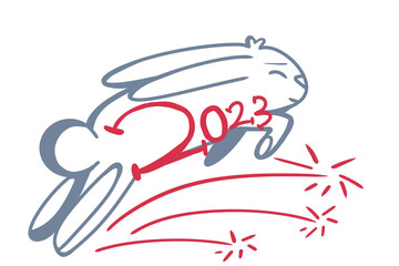Hand-drawn rabbits and hares. For the New year 2023. On a white background. Isolated. In cartoon style. The contour of a jumping rabbit with the number 2023 inside, an inside is an even smaller rabbit