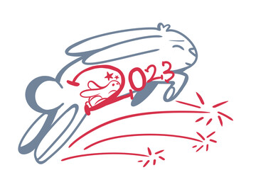 Hand-drawn rabbits and hares. For the New year 2023. On a white background. Isolated. In cartoon style. The contour of a jumping rabbit with the number 2023 inside, an inside is an even smaller rabbit