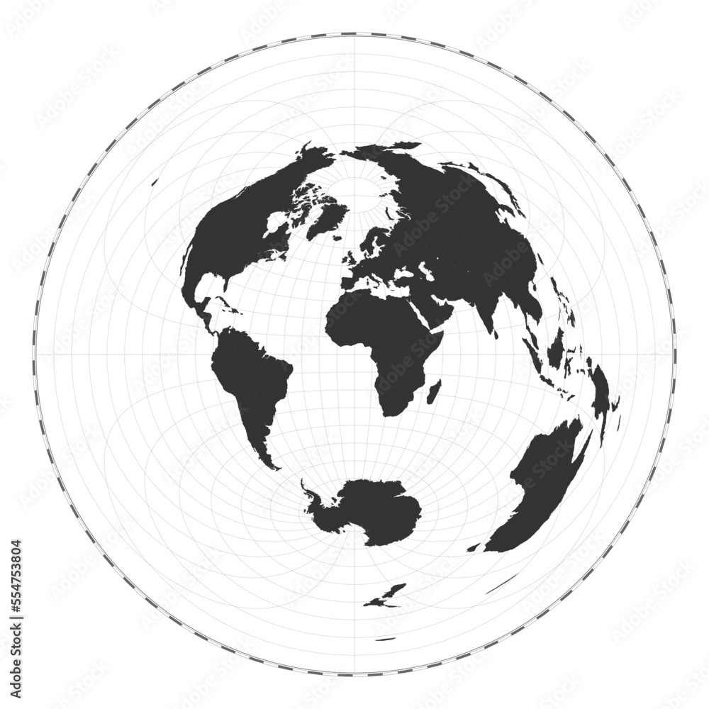 Poster vector world map in azimuthal equidistant projection. plain geographical map with latitude and longi