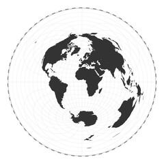 Vector world map. Azimuthal equidistant projection. Plain world geographical map with latitude and longitude lines. Centered to 0deg longitude. Vector illustration.