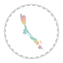 Losinj round logo. Digital style shape of Losinj in dotted circle with island name. Tech icon of the island with gradiented dots. Astonishing vector illustration.