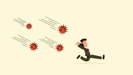 Businessman running away from COVID-19 Coronavirus. Business Concept. Vector illustration