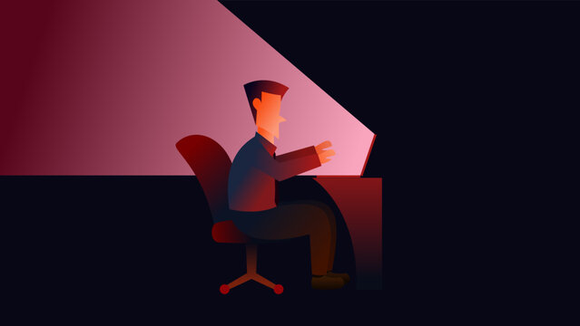 Businessman working late night. Overtime or Deadline. Stressed at work. Business Concept. Vector illustration