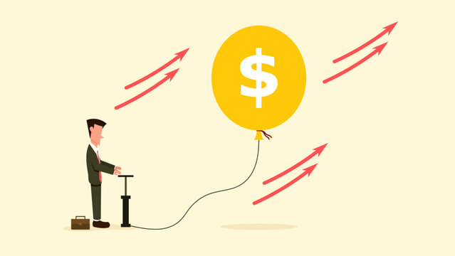 Businessman pump air into balloon. Investment bubble causing financial crisis. Overvalued stock market or inflation. Balloon with dollar sign are ready to explode. Business Concept.Vector illustration