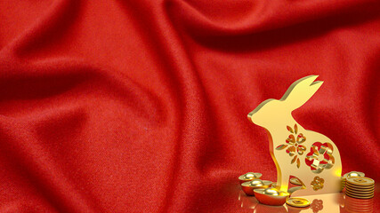 The gold rabbit and vintage Chinese money on red background  3d rendering