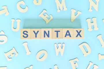 Study syntax in linguistics concept. Wooden blocks word typography flat lay in blue background. - obrazy, fototapety, plakaty