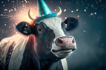 Cow having fun at a New Year's Eve party with fireworks. Generative AI. - obrazy, fototapety, plakaty