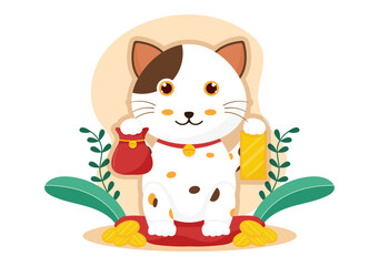 Feng Shui Oriental Philosophy with Cute Cat and Plants for Positive Energy of Five elements in Flat Cartoon Hand Drawn Templates Illustration