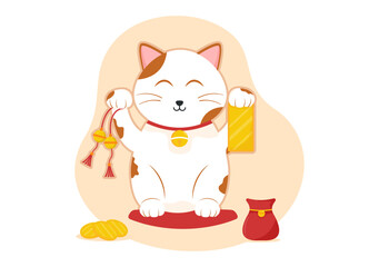 Feng Shui Oriental Philosophy with Cute Cat and Plants for Positive Energy of Five elements in Flat Cartoon Hand Drawn Templates Illustration