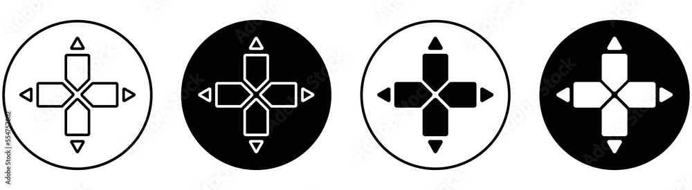 Poster direction button joystick inside circle icon set. style symbol on game controller console, vector il