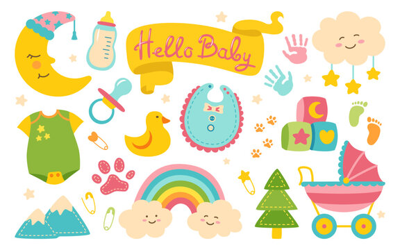 Baby newborn nursery objects cartoon set. Birthday child memory scrapbook kit. Kids symbol and icon accessory collection. Hand drawn decoration cute rainbow moon, cloud, nipple, footprint hand or feet