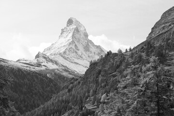 Beautiful landscape at Matterhorn, Zermatt, Switzerland. Black and white photo