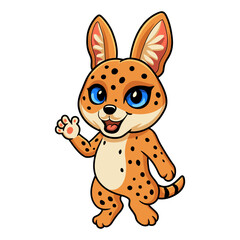 Cute serval cat cartoon waving hand