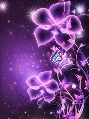 Purple orchid background. Beautiful purple abstract flowers at night. Beautiful illustration of flowers and butterfly.
